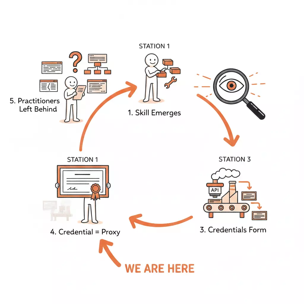 The five-step credential cycle — by the time the badge exists, the people with the skill no longer need it