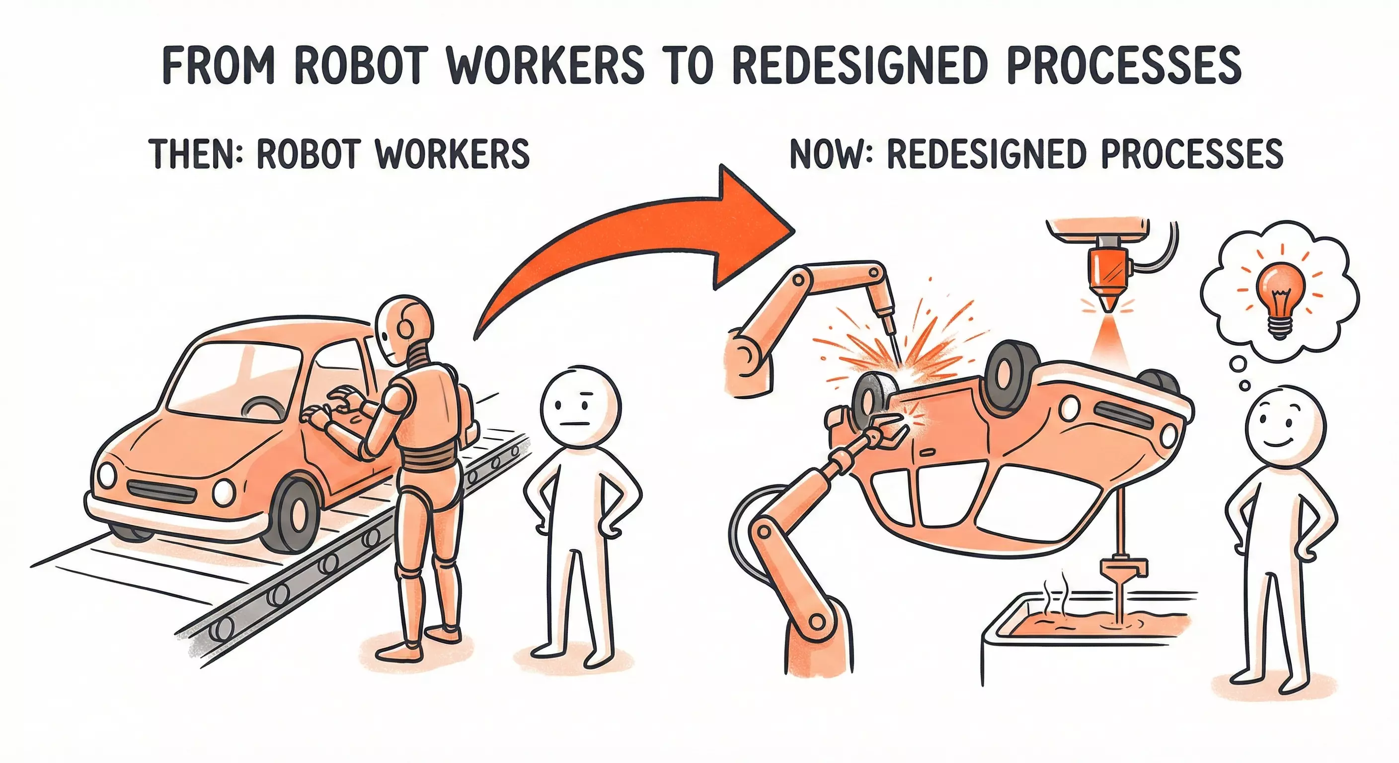 Evolution of car manufacturing: robot mimicking human vs. car flipped upside down in modern factory
