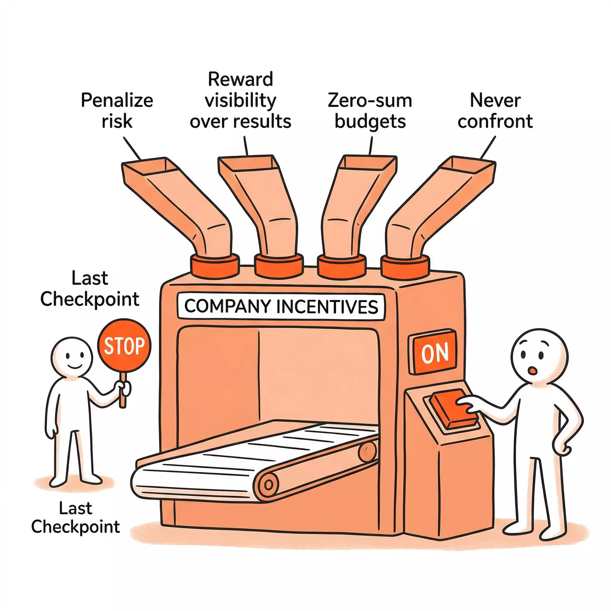 A factory fed by bad incentives — penalize risk, reward visibility over results, zero-sum budgets — producing the Last Checkpoint archetype, with the CEO's hand on the ON switch