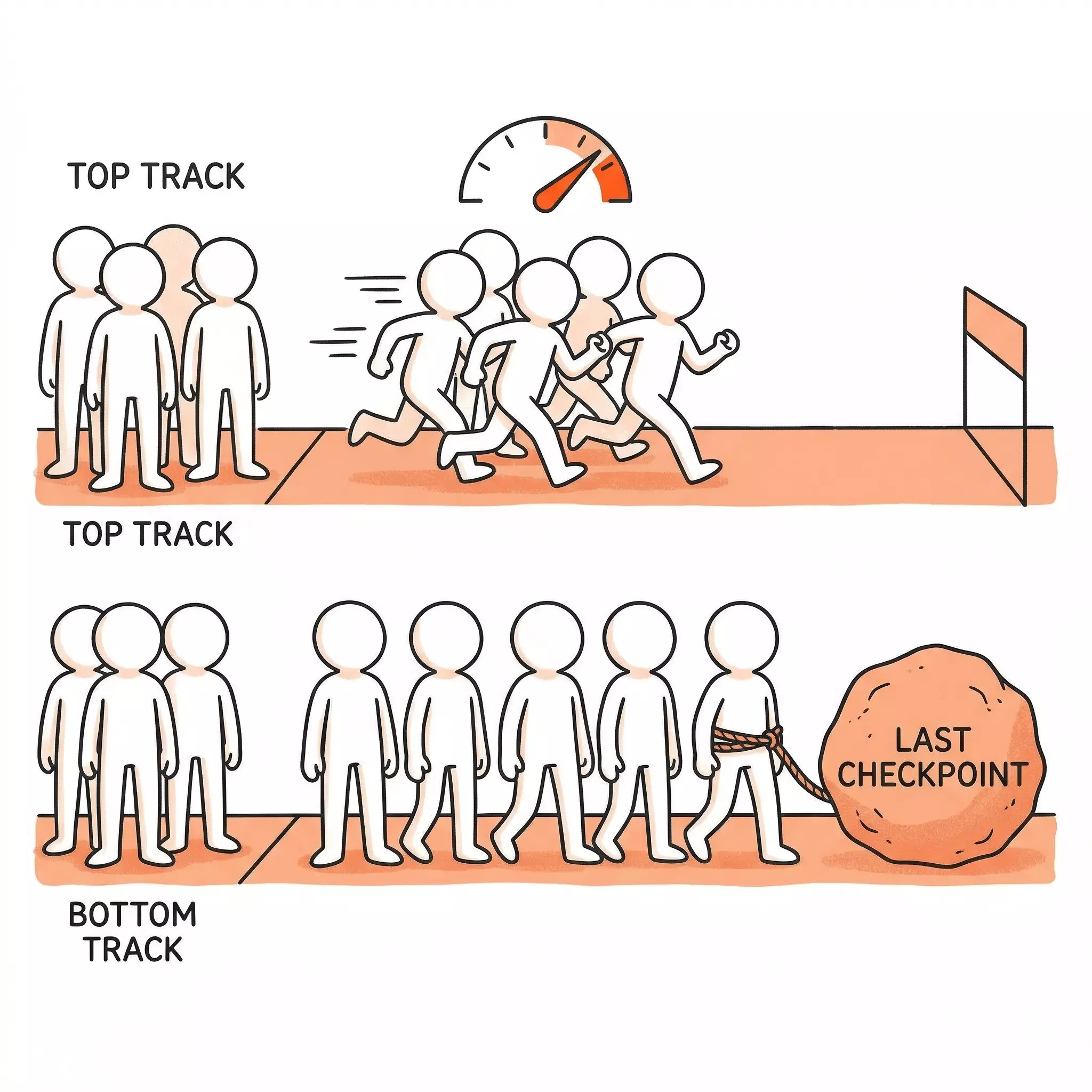 Two teams moving forward — one agile and fast, one dragging a boulder labeled Last Checkpoint — the gap between them widening over time