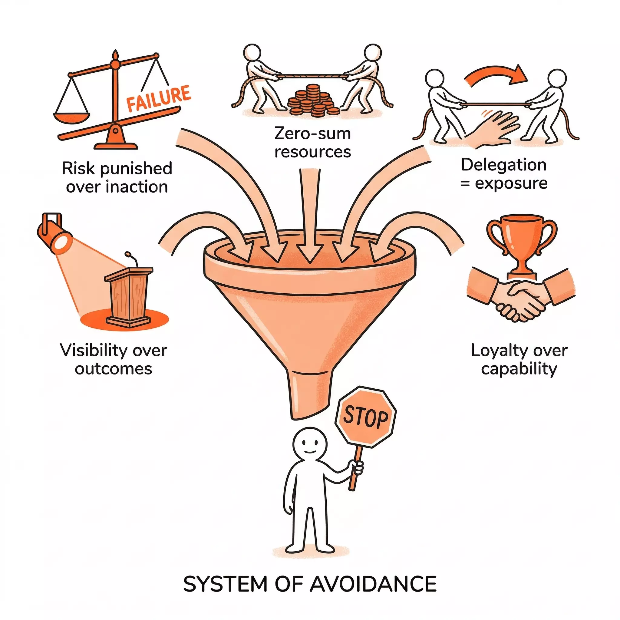 Five organizational incentives — risk punished over inaction, visibility over outcomes, zero-sum resources, delegation as exposure, loyalty over capability — flowing into a funnel that produces the Last Checkpoint