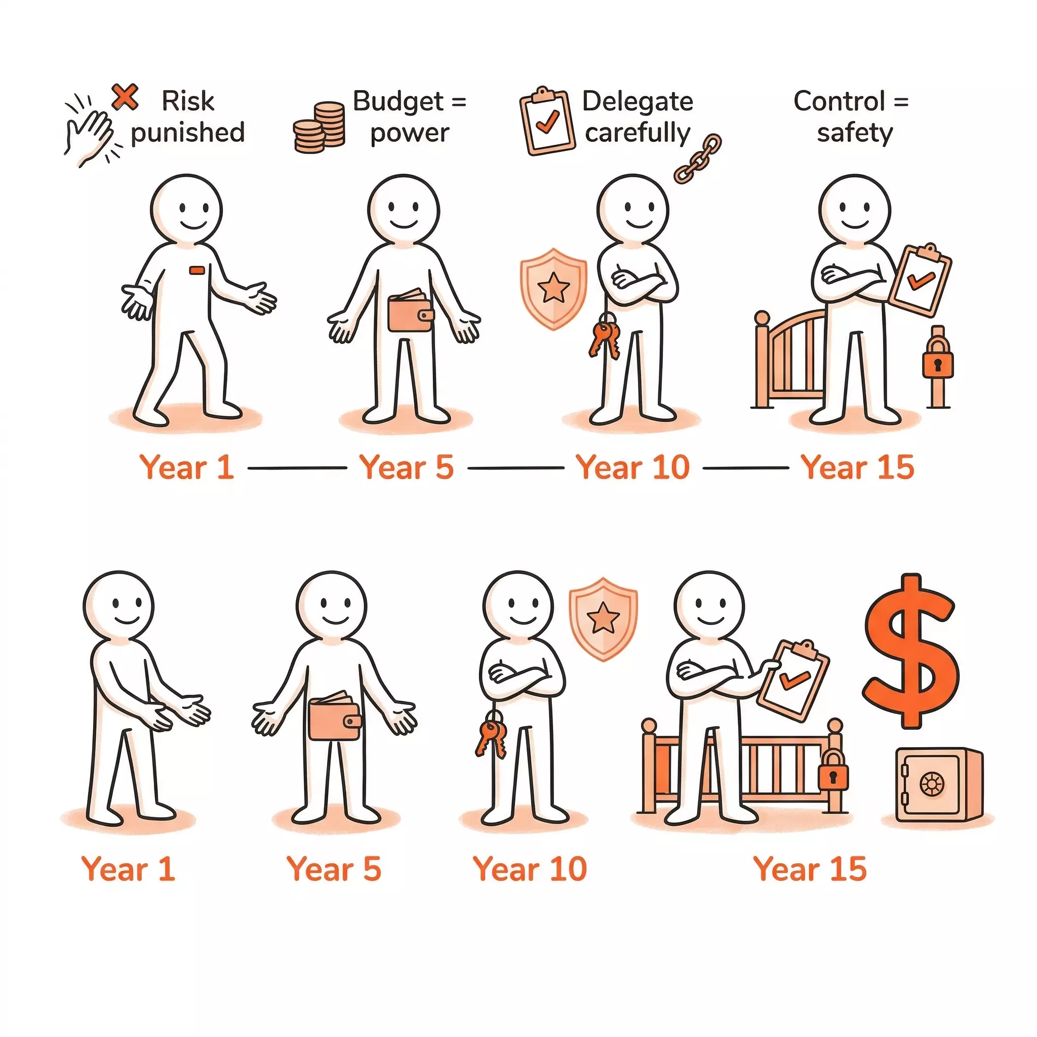 A career timeline showing a leader gradually shaped by their environment — open and curious at Year 1, progressively more guarded by Year 15, each stage marked by a lesson the organization taught them