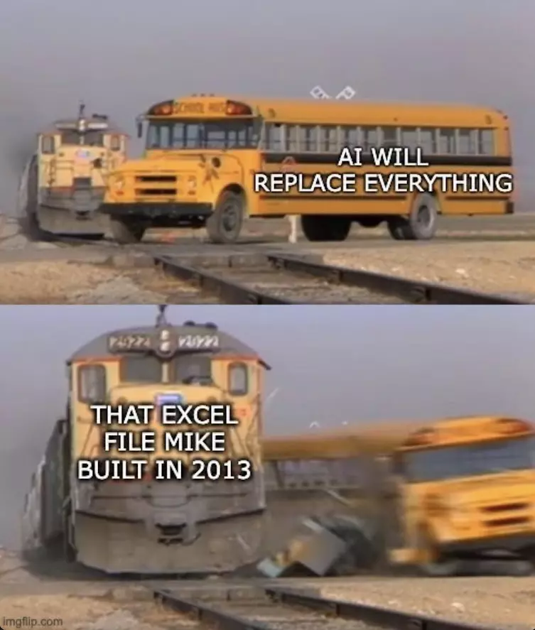 a meme with two panes, the first shows a shcoolbus crossing a railroad track labeled as AI_WILL_REPLACE_EVERYTHING, the second pane has the train that has come from a distance and crashed onto the shcoolbus with the label THAT_EXCEL_THAT_MIKE_BUILT_IN_2013