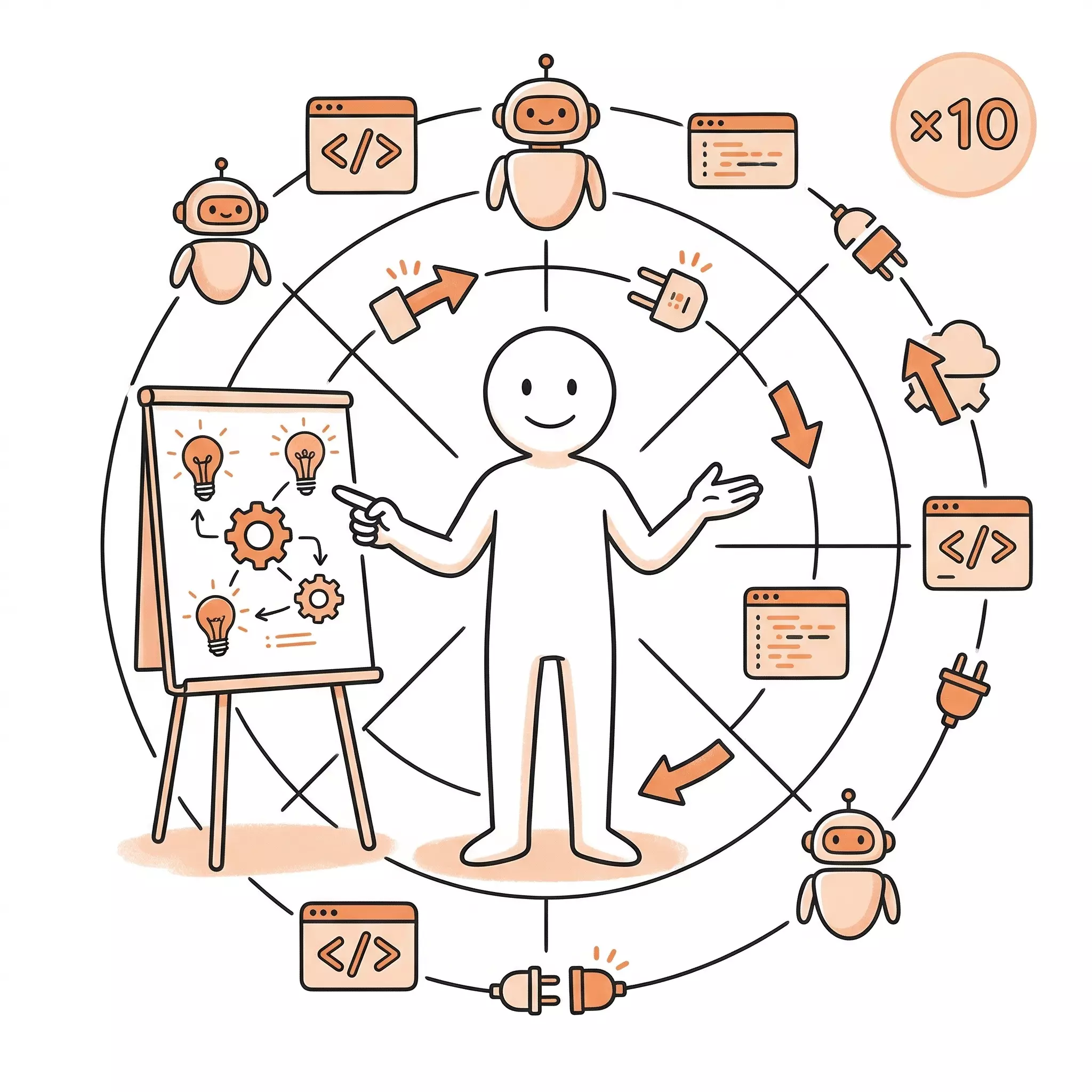 An operator at the center of an orbit of AI agents — in control, orchestrating, with the agent layer handling execution while the human handles direction