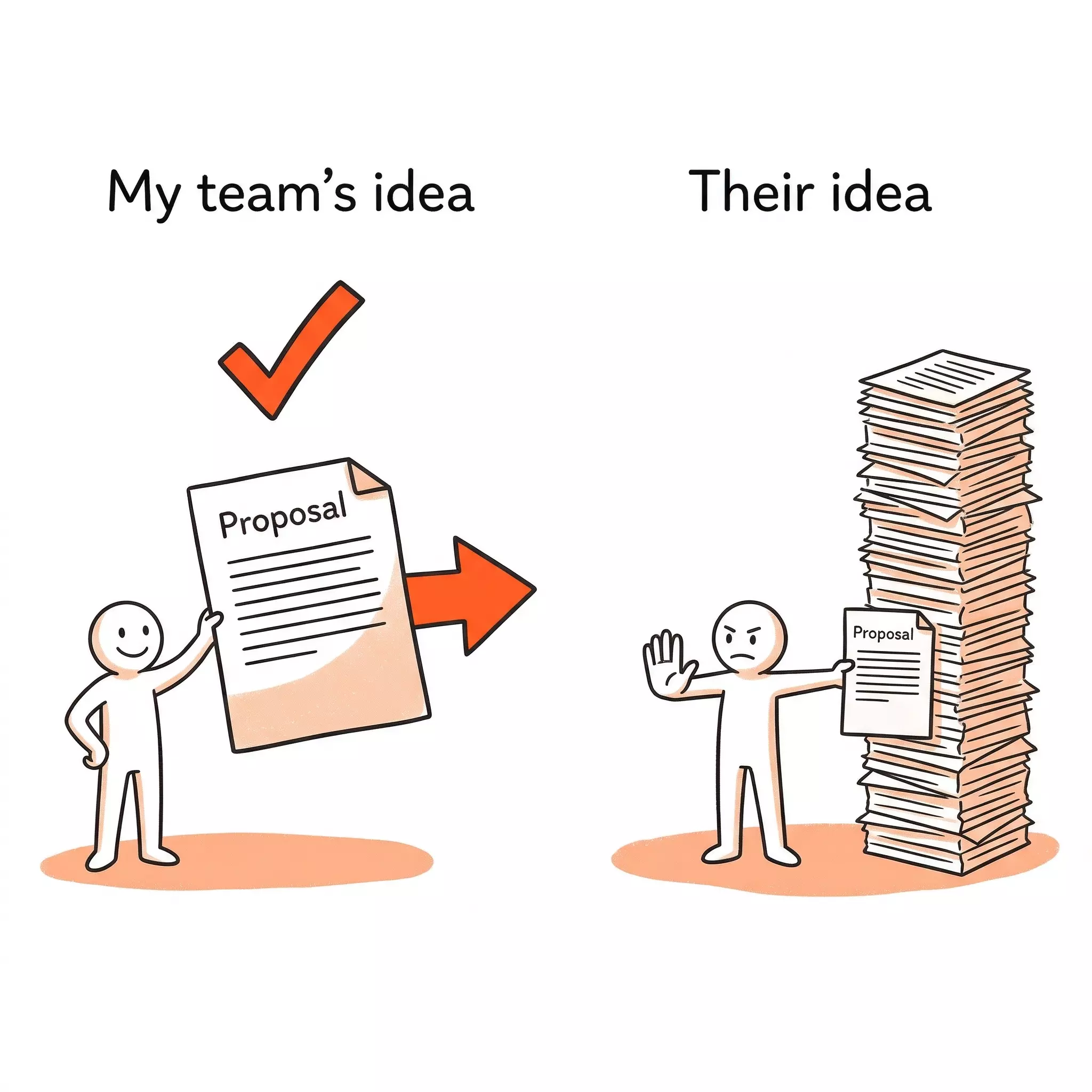 The same leader waving through their own team's proposals quickly while adding endless process to ideas originating elsewhere