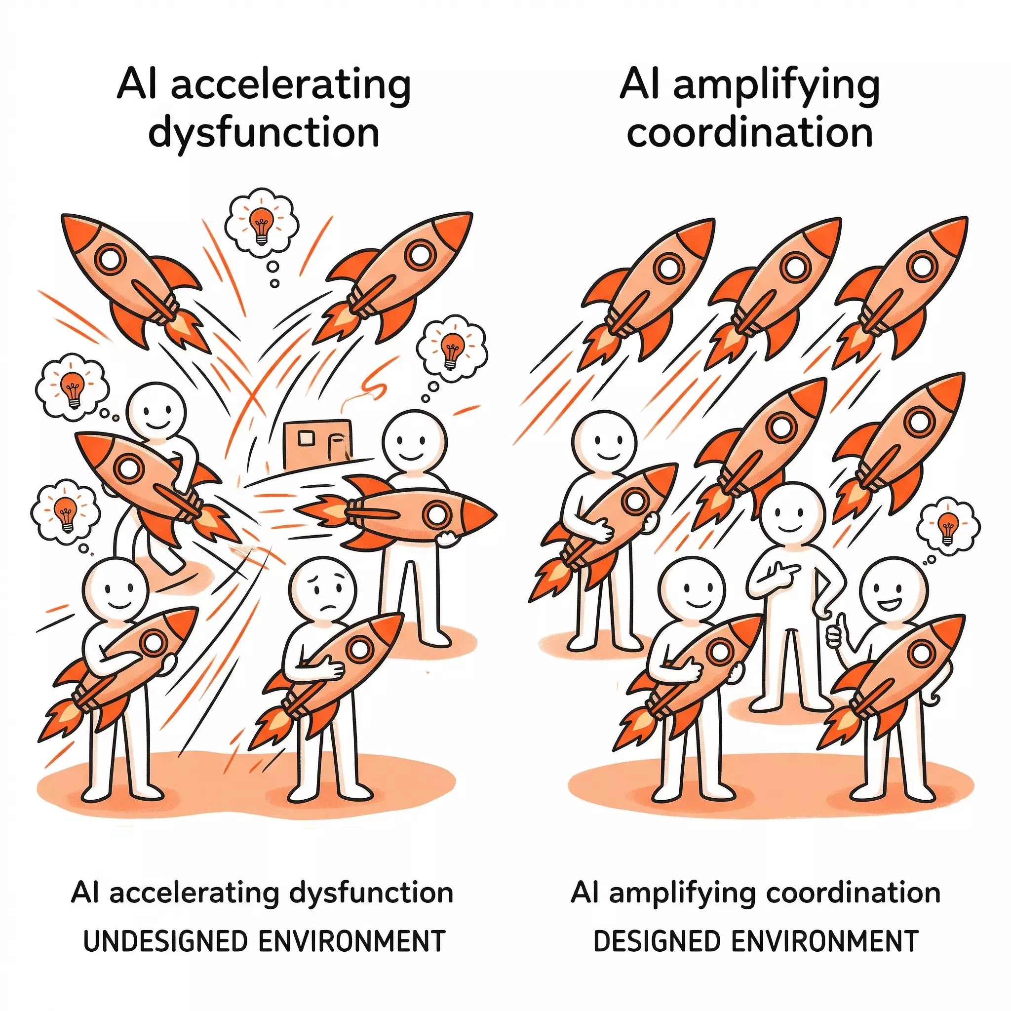 Two organizations — one with AI tools accelerating dysfunction in different directions, one with AI tools amplifying coordination in the same direction — showing that the environment determines the outcome, not the tools