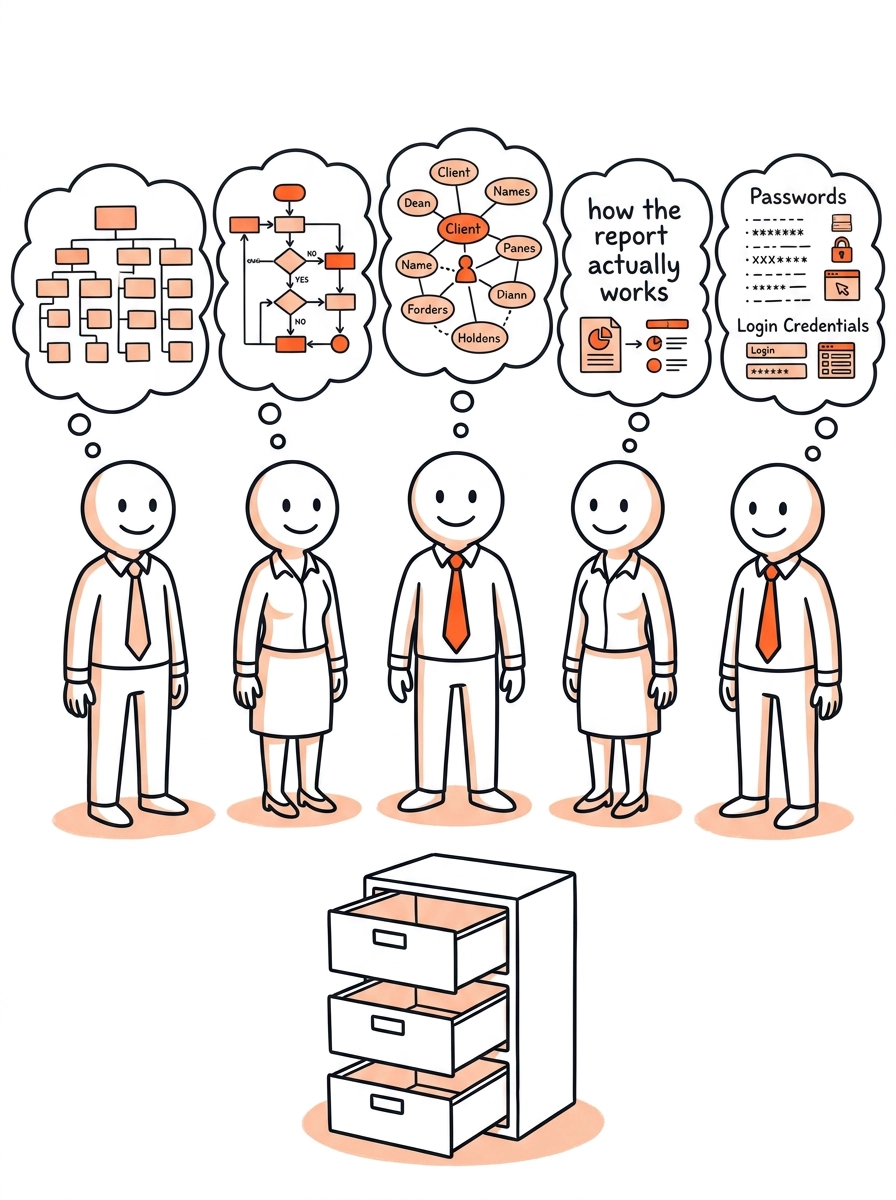 Five office workers with thought bubbles full of processes, relationships, and institutional knowledge — standing above a completely empty filing cabinet
