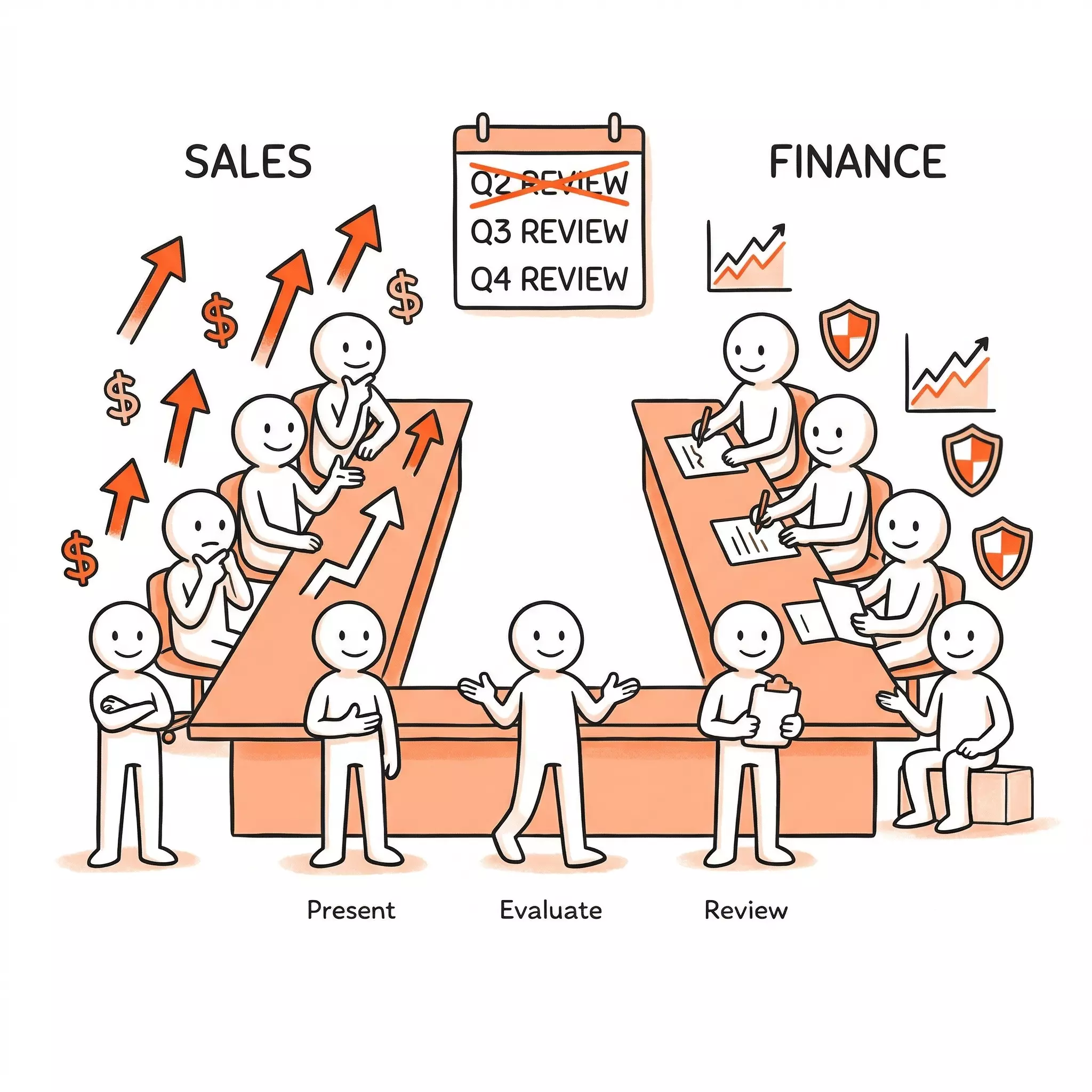 Sales and Finance at opposite sides of a conference table, both right, both frustrated, with an empty gap in the middle labeled 'nobody owns this'