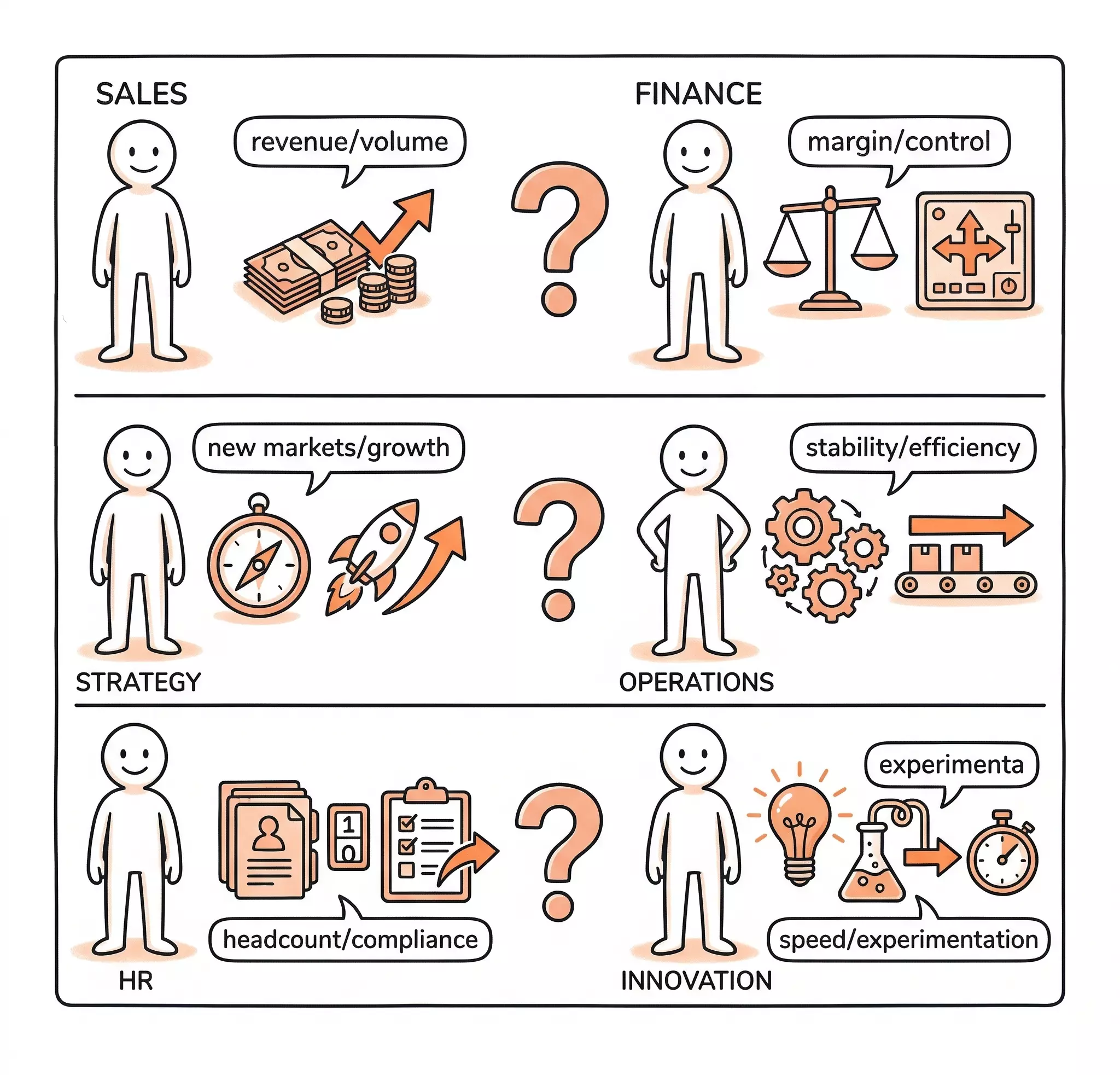 Three functional pairs — Sales/Finance, Strategy/Operations, HR/Innovation — each showing arrows pointing in different directions with a gap in the middle, illustrating the same coordination failure across different parts of the organization