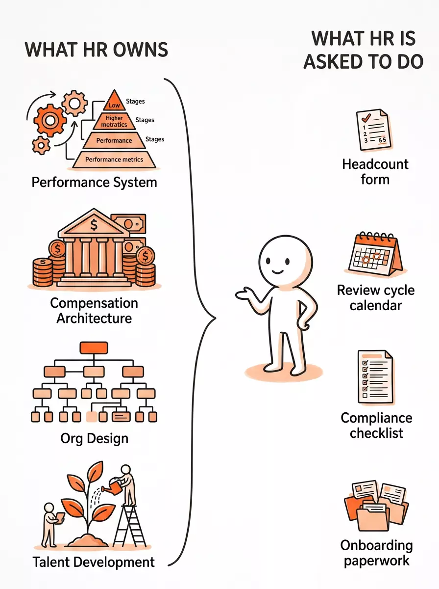 Two columns showing the gap between what HR owns — performance systems, compensation architecture, org design — and what HR is typically asked to do — headcount processing, compliance, administration